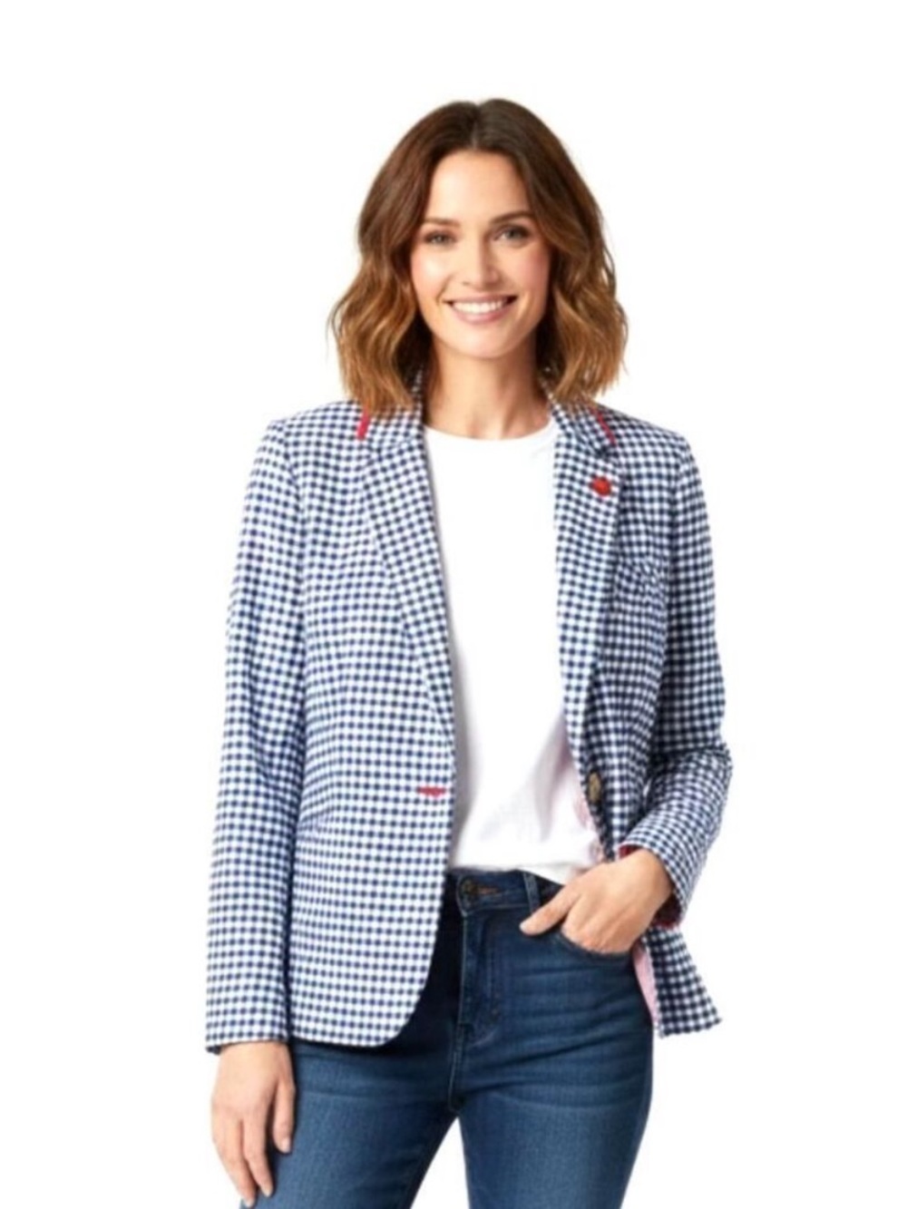 CYNTHIA ROWLEY Cynthia  Navy and White Gingham Blazer with Red Accents